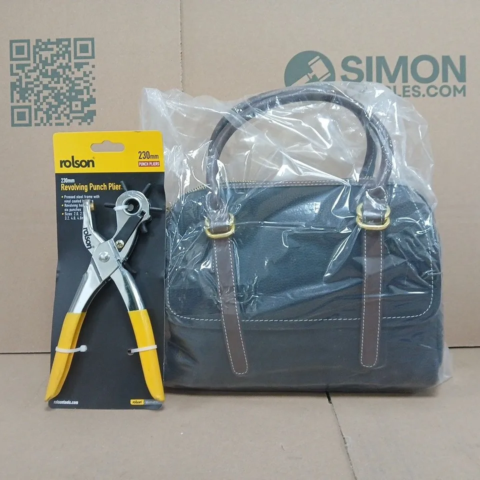 BOX OF APPROXIMATELY 10 ASSORTED HOUSEHOLD ITEMS TO INCLUDE REVOLVING PUNCH PLIERS, HAND BAG, ETC - COLLECTION ONLY