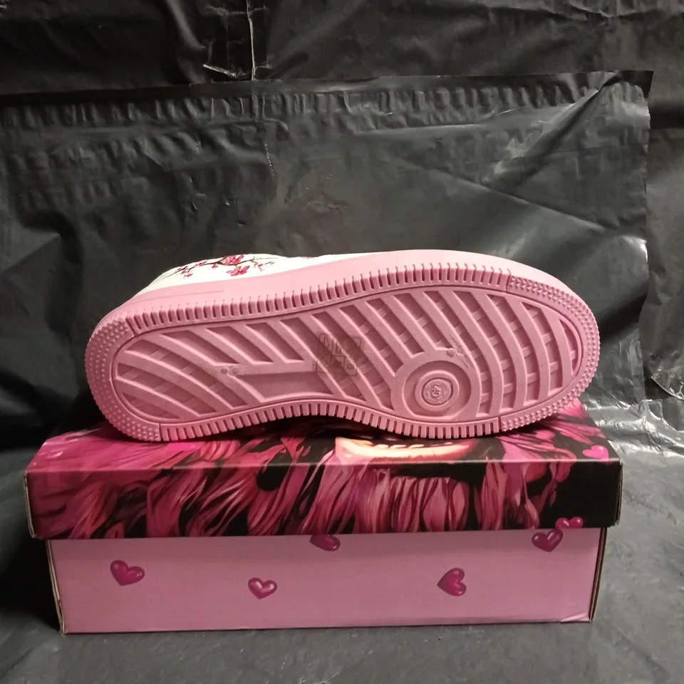 KOI TRAINERS – WHITE WITH CHERRY BLOSSOM EMBROIDERY, PINK SOLE SIZE 7