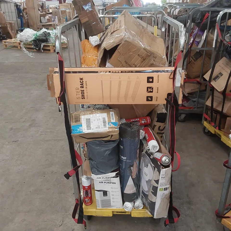 CAGE OF ASSORTED CONSUMER PRODUCTS/FURNITURE PARTS INCLUDING: SHOE RACKS, YOGA MAT, AIR PURIFIER ECT // CAGE NOT INCLUDED 