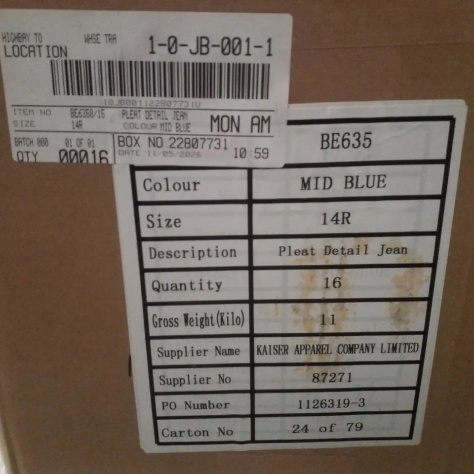 BOX CONTAINING APPROXIMATELY 16 BRAND NEW SIMPLY BE BLUE REGULAR SLEEVELESS DENIM GILETS - SIZE 14R