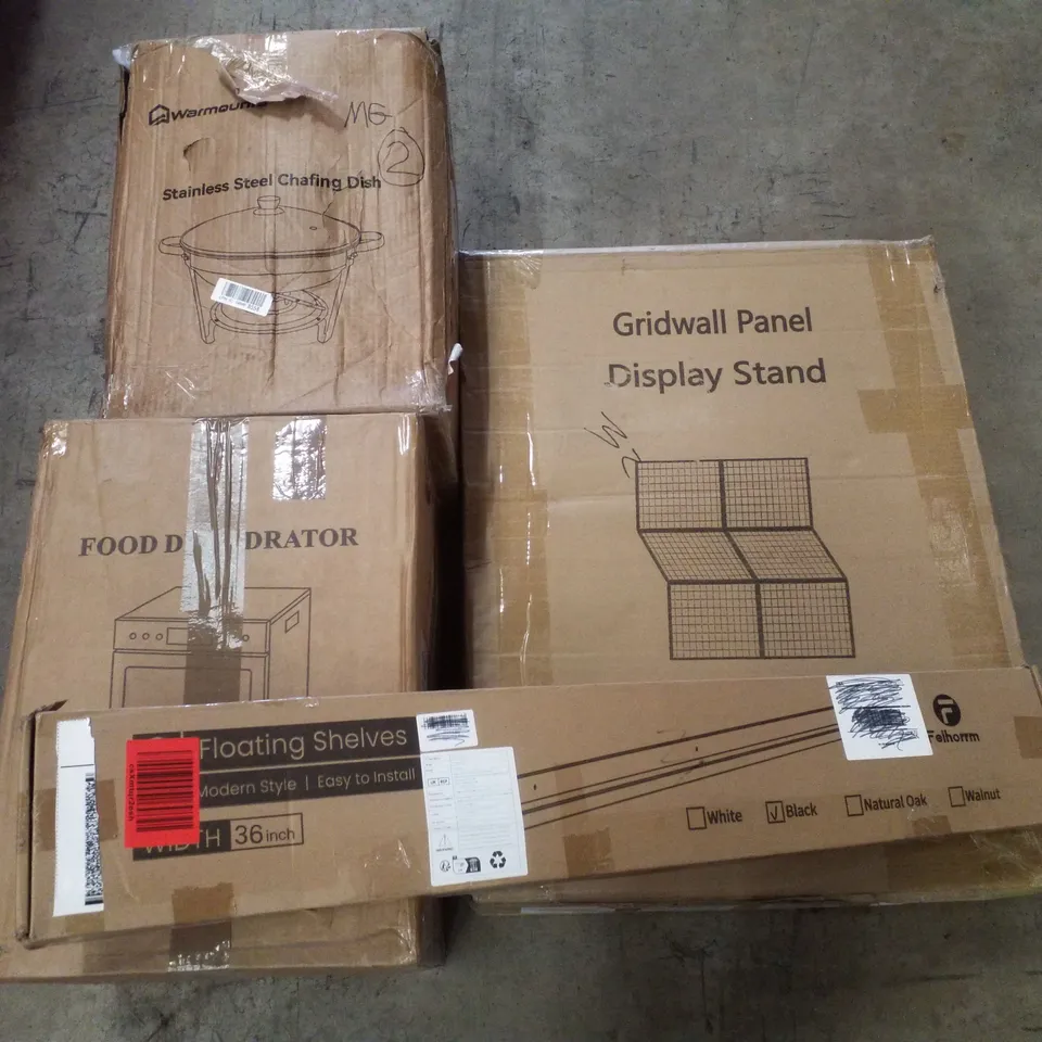 PALLET CONTAINING ASSORTED PRODUCTS INCLUDING FLOATING SHELVES, FOOD DEHYDRATOR, CHAFING DISH & DISPLAY STAND