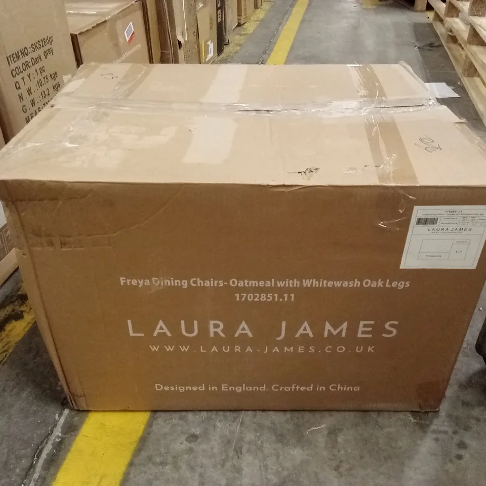 BOXED SET OF 2 LAURA JAMES FREYA DINING CHAIRS - OATMEAL WITH WHITEWASH OAK LEGS (1 BOX)