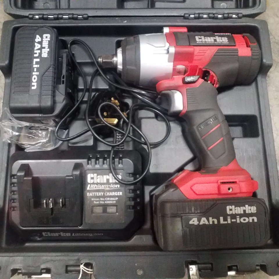 BOXED CLARKE CIR184LIP 18V 400NM 1/2" DRIVE IMPACT WRENCH WITH 2 X 4AH BATTERIES & CHARGER