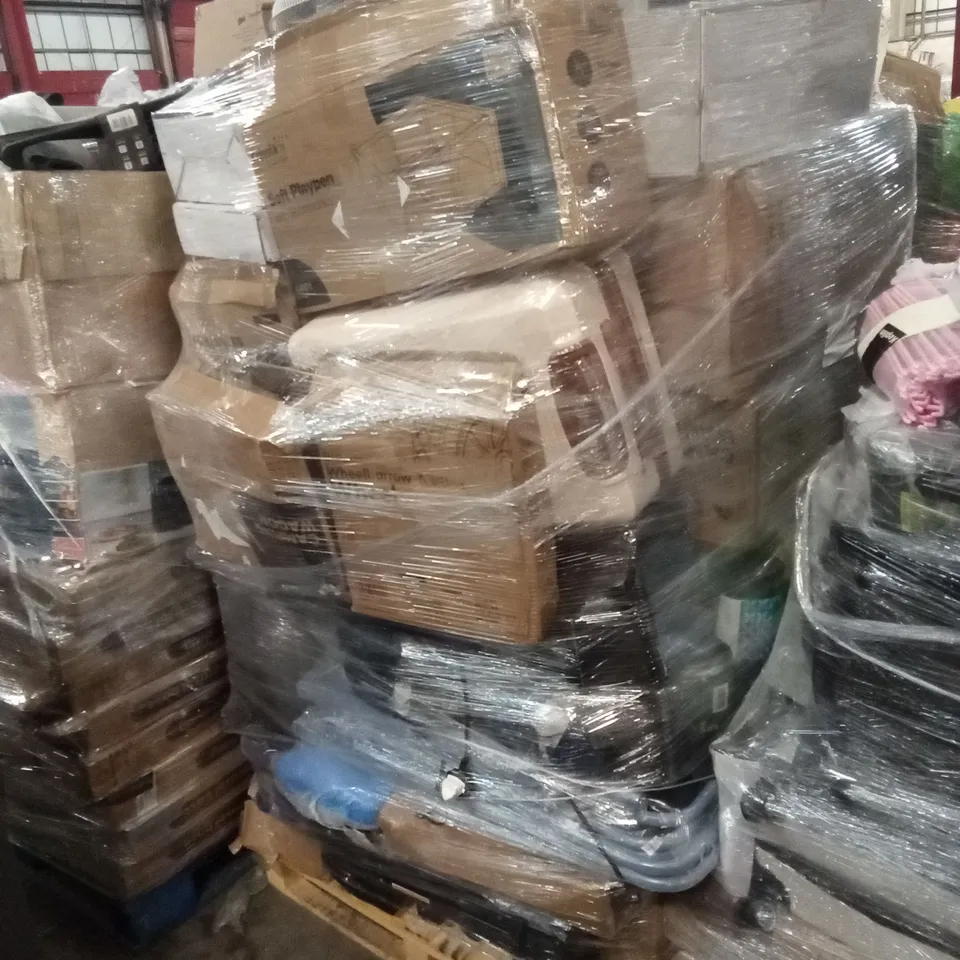 PALLET OF ASSORTED E-COMMERCE GOODS AND PRODUCTS TO INCLUDE; A LARGE NUMBER OF CAMPING CHAIRS, CAMPING WAGON, WHEELBARROW WHEEL, SOFT PLAYPEN, VELVET HANGERS, BIN BAGS, FLOOR FAN, SUITCASES/CABIN BAGS
