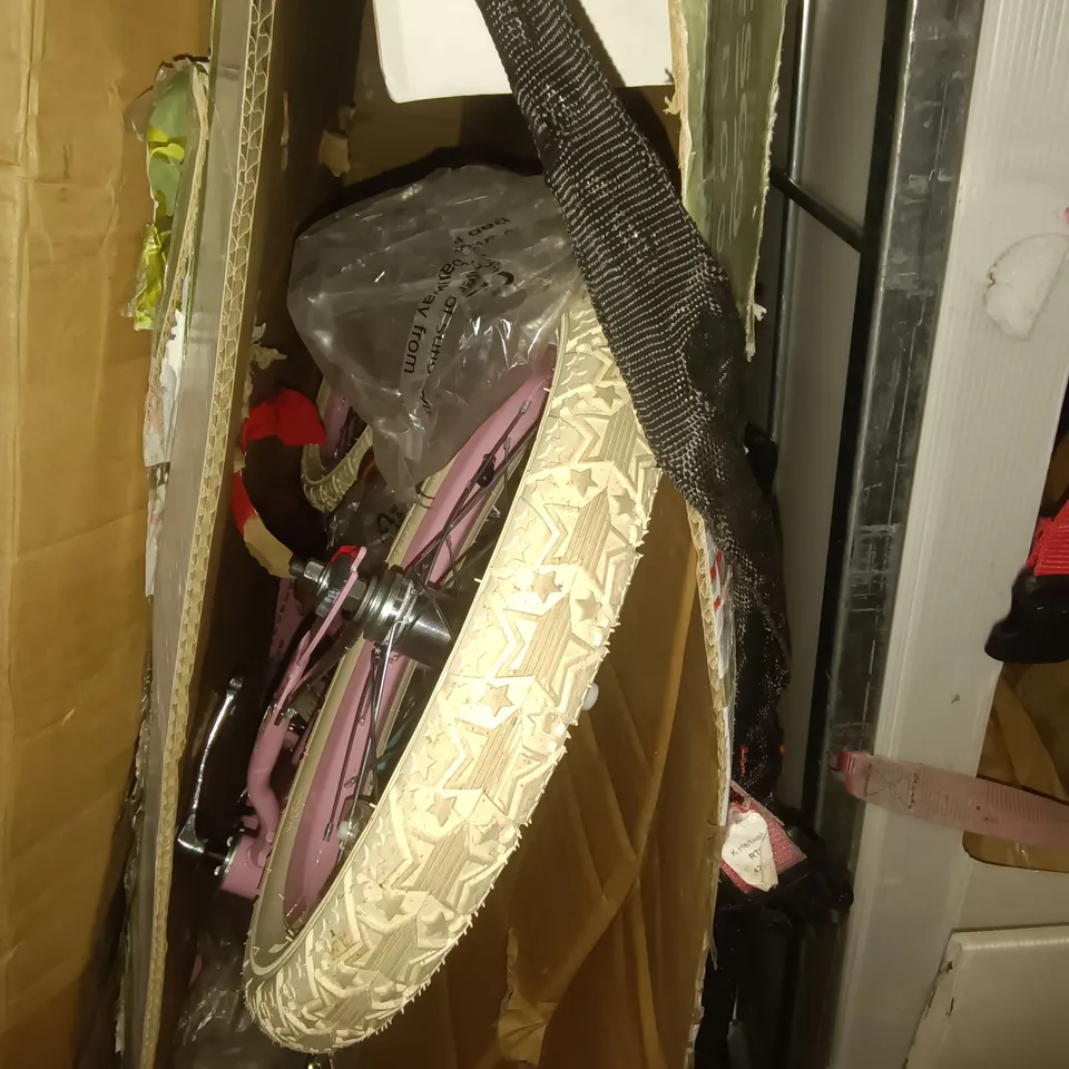 LOT OF ASSORTED ITEMS TO INCLUDE PINK CHILDREN'S BIKE, BOXED MONITOR STAND AND OFFICE CHAIR