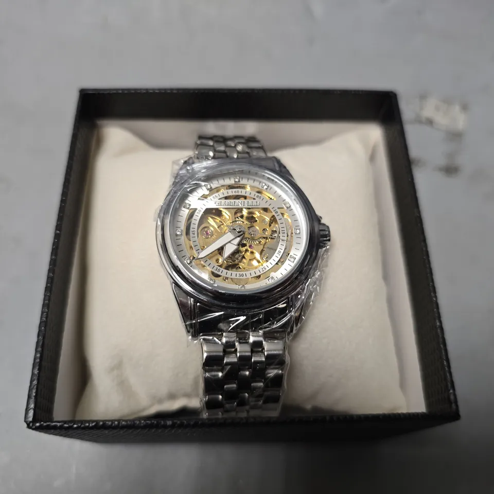 BOXED GLOBENFIELD EXHIBITION DIAL GENTS WATCH WITH SKELETON BACK CASE AND METAL STRAP