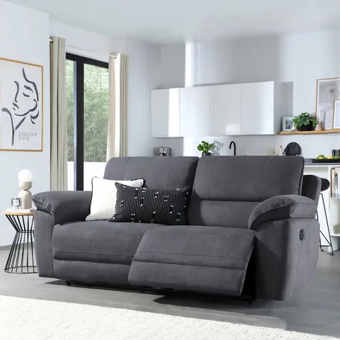 BOXED SEVILLE 3 SEATER RECLINER SOFA, SLATE GREY CLASSIC PLUSH FABRIC // BACK MISSING