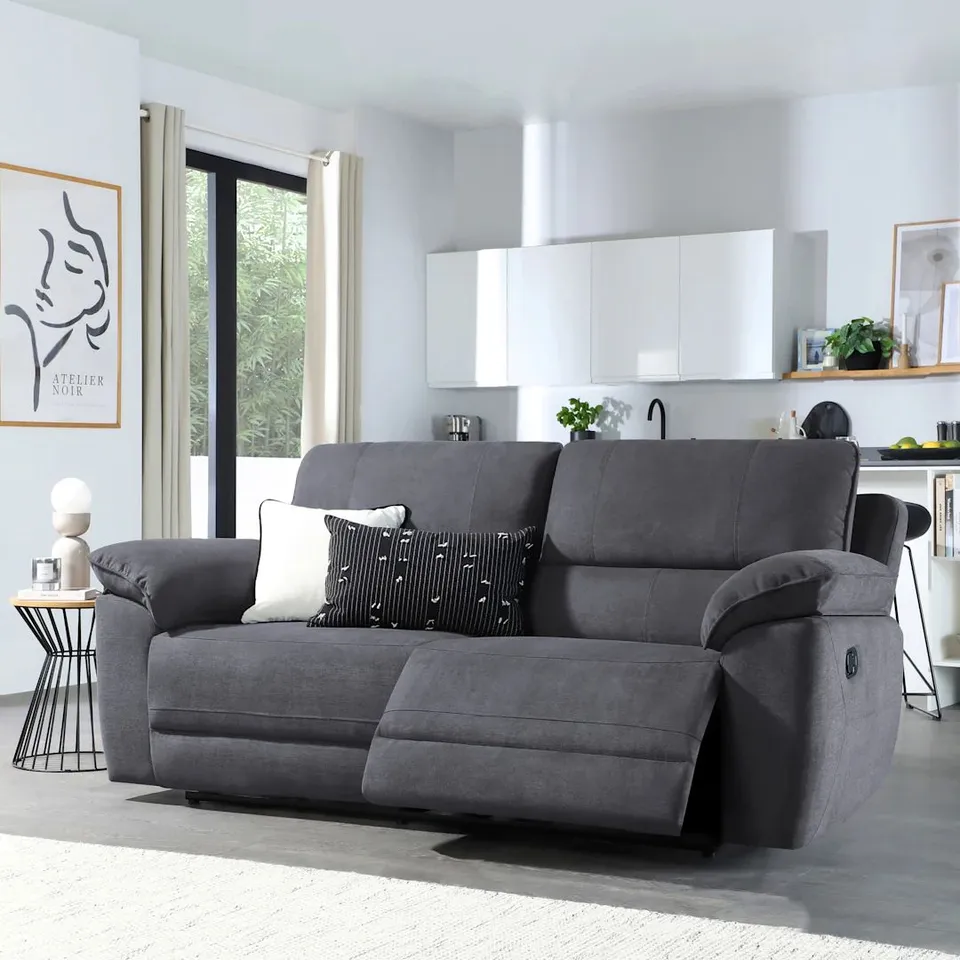 BOXED SEVILLE 3 SEATER RECLINER SOFA, SLATE GREY CLASSIC PLUSH FABRIC // BACK MISSING