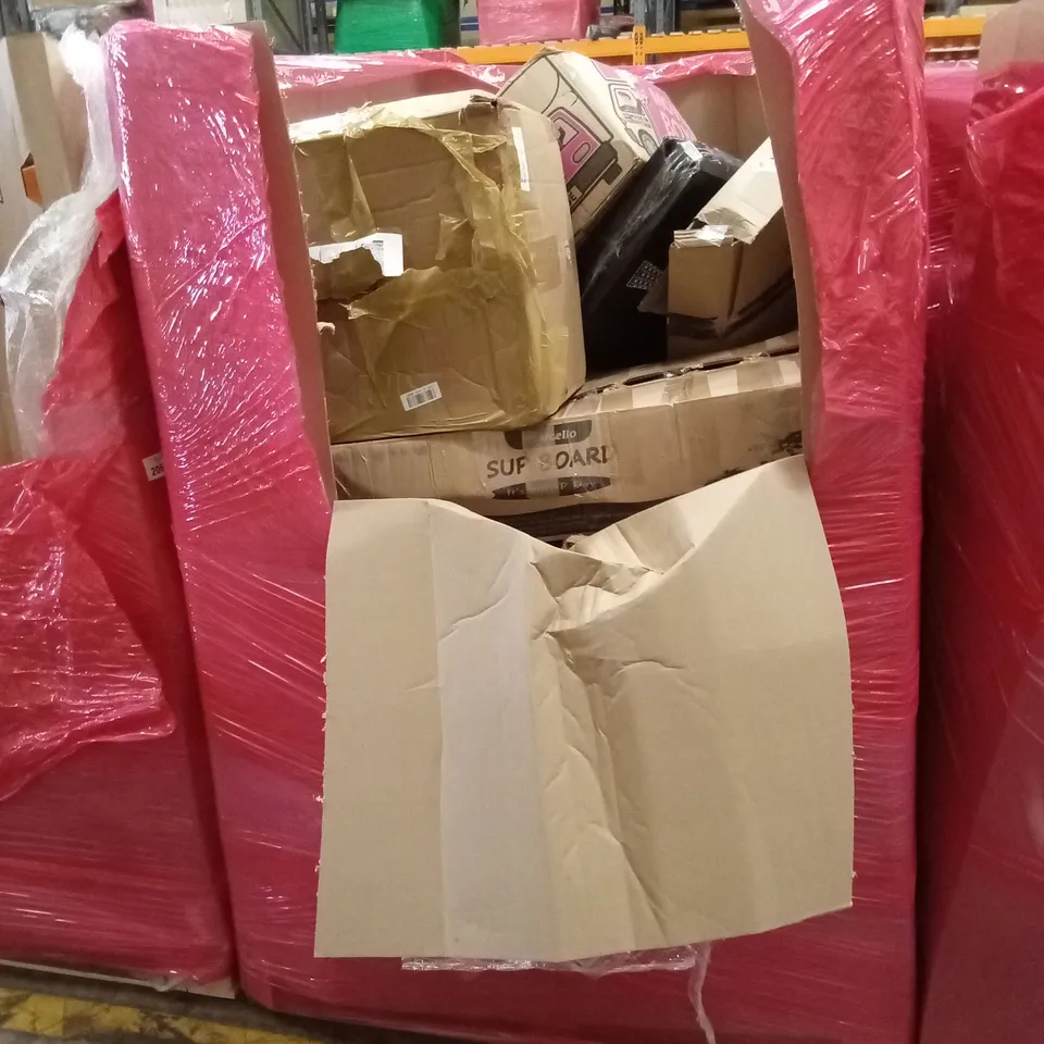 PALLET OF ASSORTED HOUSEHOLD GOODS AND PRODUCTS TO INCLUDE; PADDLE BOARD, BOXED FURNITURE ETC 