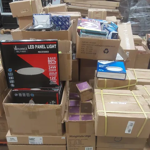 PALLET CONTAINING A VERY LARGE QUANTITY OF ASSORTED LIGHTING PRODUCTS TO INCLUDE: ADVANCE LED LIGHT PANELS, FIXED FIRE RATED DOWN LIGHTS, LED LIGHTING FIXTURES WITH MICROWAVE MOTION SENSORS ECT