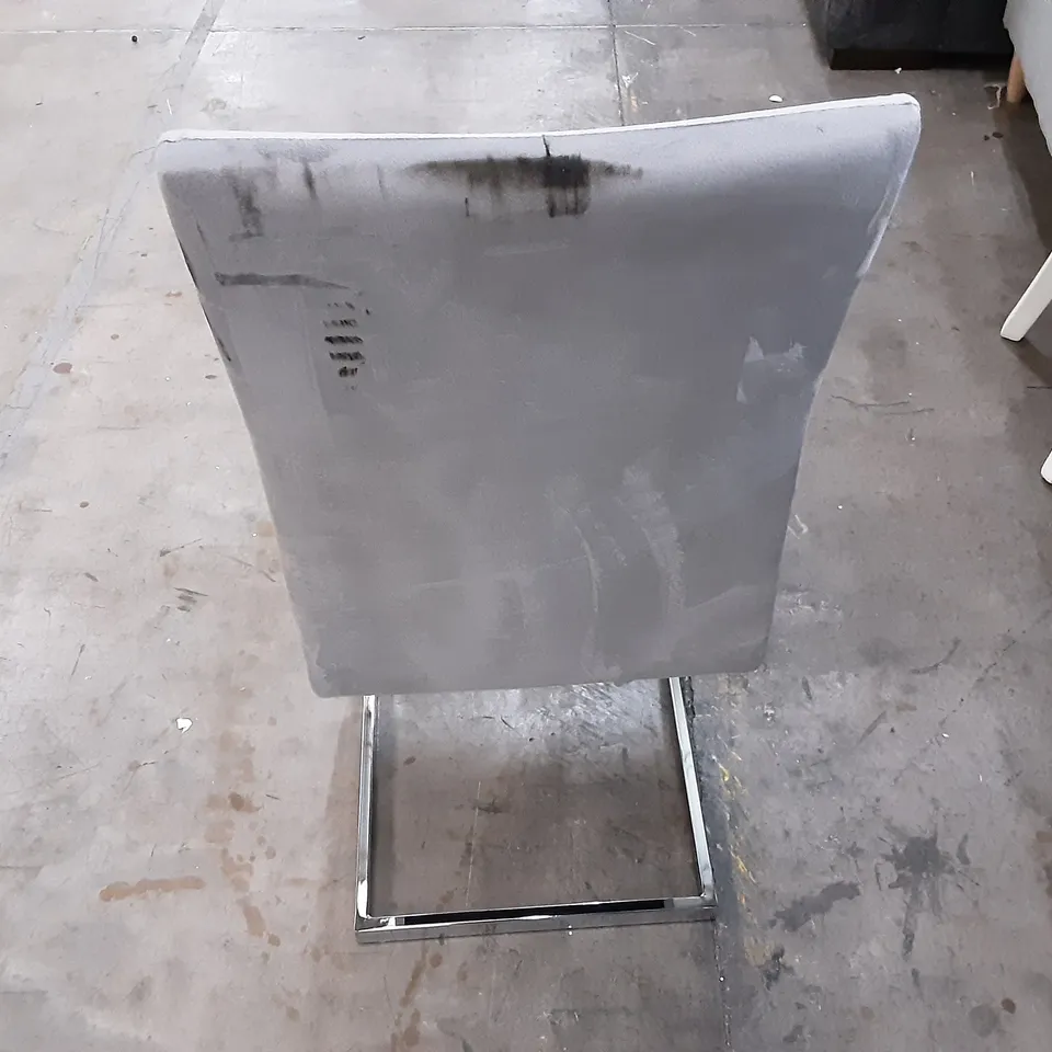 ONE LIGHT GREY VELVET DINING CHAIR , DIRTY ON THE BACK 