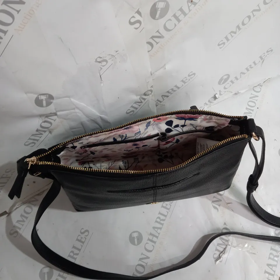 BOXED ASHWOOD LEATHER BAG IN BLACK WITH GOLD ACCENTS AND FLORAL INTERIOR