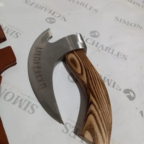 PIZZA AXE KNIFE WITH WOODEN HANDLE AND LEATHER HOLSTER SHEATH 