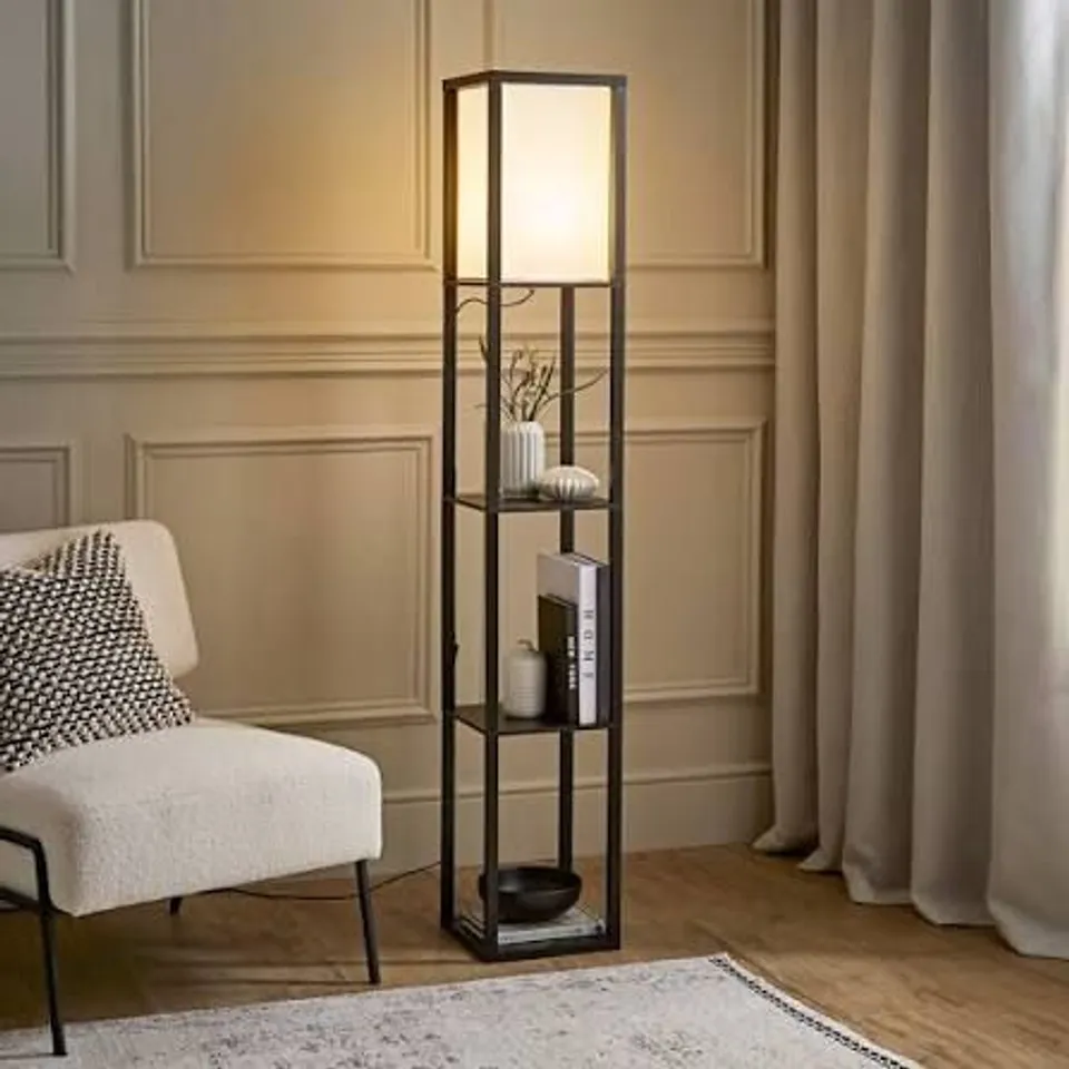 BOXED VALUELIGHTS STRUTTURA 3 SHELF FABRIC SHADE BLACK SHELVING UNIT FLOOR LAMP
