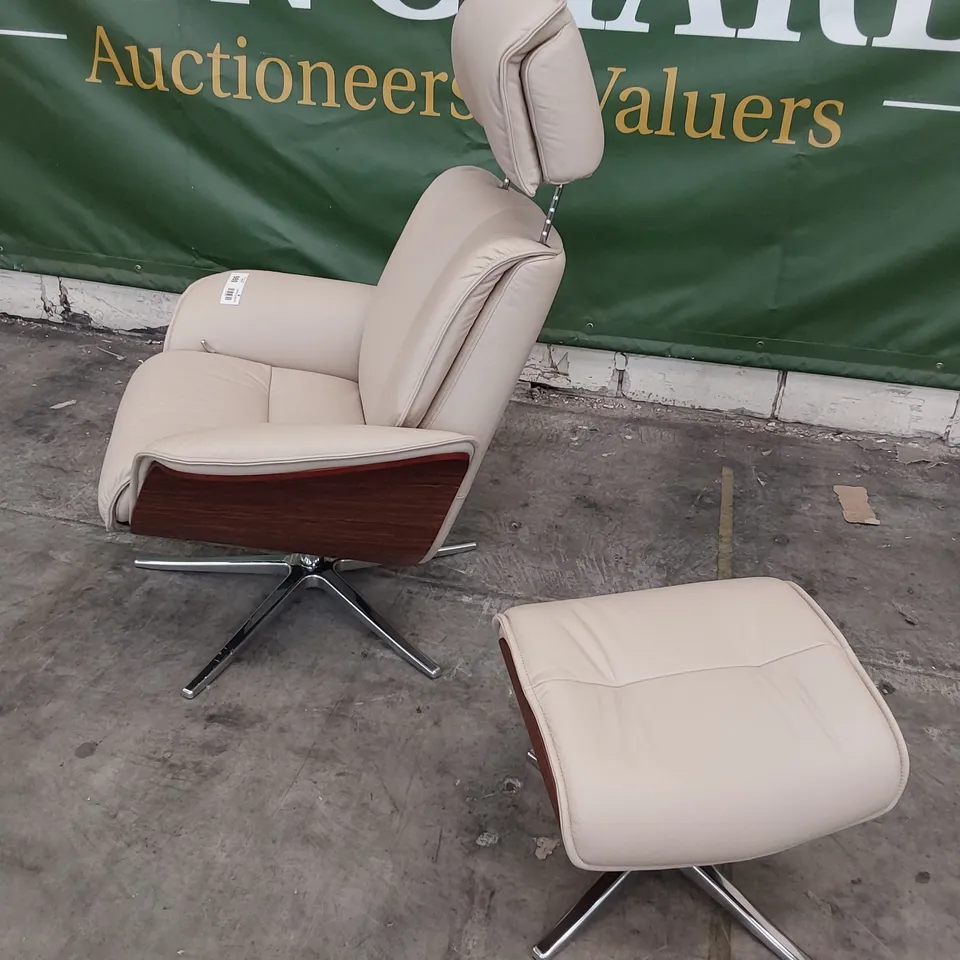 QUALITY BRITISH DESIGNER G PLAN LUND MANUAL RECLINING CHAIR & FOOTSTOOL CAMBRIDGE STONE LEATHER 