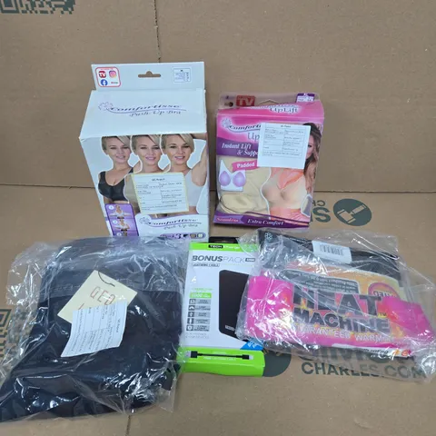 APPROXIMATELY 15 ASSORTED HOUSEHOLD PRODUCTS TO INCLUDE POWER BANKS, PUSH UP BRA, CLOTHING ETC 