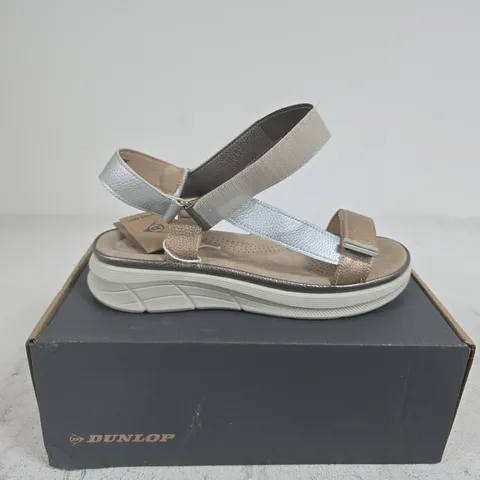 DUNLOP WOMEN'S SANDALS WITH METALLIC SILVER & TAN STRAPS SIZE 41 BOXED