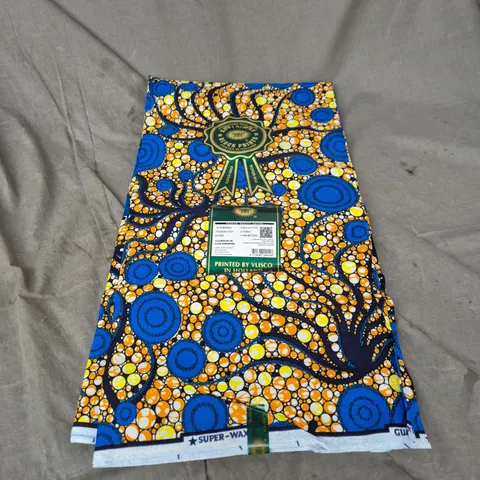 VLISCO PREMIUM SUPER-WAX COTTON FABRIC – 6 YARDS, BLUE &ORANGE PRINT, PRINTED IN HOLLAND