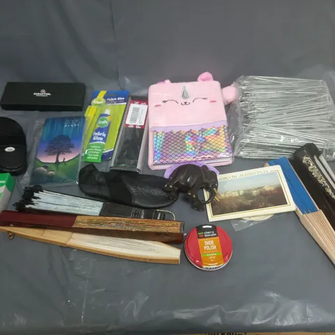 BOX OF APPROXIMATELY 8 ASSORTED ITEMS TO INCLUDE - SHOE POLISH, GIRLS NOTEBOOK, AND SELF FANS ETC. 