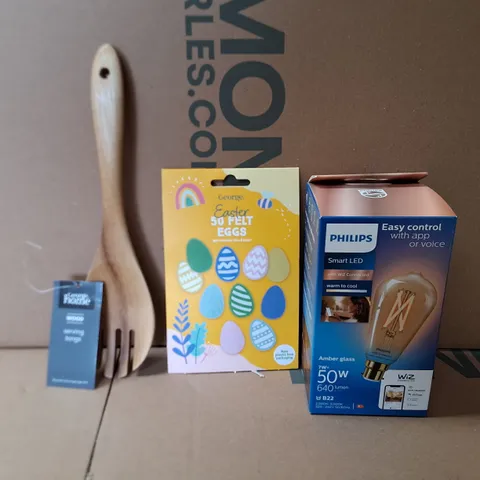 BOX OF APPROXIMATELY 20 ASSORTED ITEMS TO INCLUDE - PHILIPS 50W LIGHT BULB,  EASTER 50 FELT EGGS , SERVING TONGS 