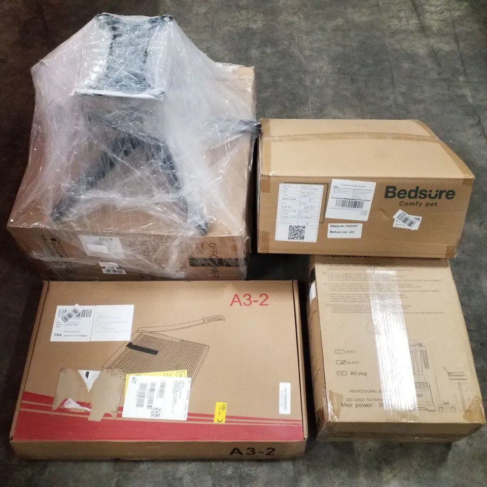 PALLET CONTAINING ASSORTED PRODUCTS TO INCLUDE OFFICE CHAIR, HUMAN DOG BED, PROFESSIONAL BLENDER, GUILLOTINE PAPER CUTTER, COMPUTER DESK