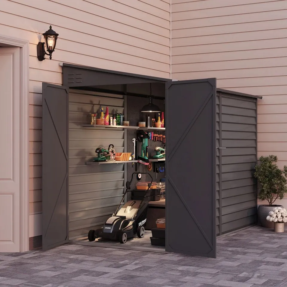 BOXED OUTDOOR PLASTIC GARDEN STORAGE SHED - BLACK/GREY (1 BOX)
