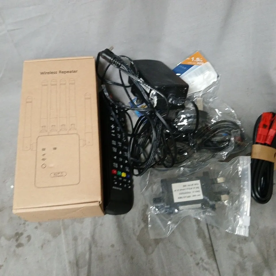 APPROXIMATELY 12 ASSORTED HOUSEHOLD ITEMS TO INCLUDE WIRELESS REPEATER, REMOTES, CABLES, ETC