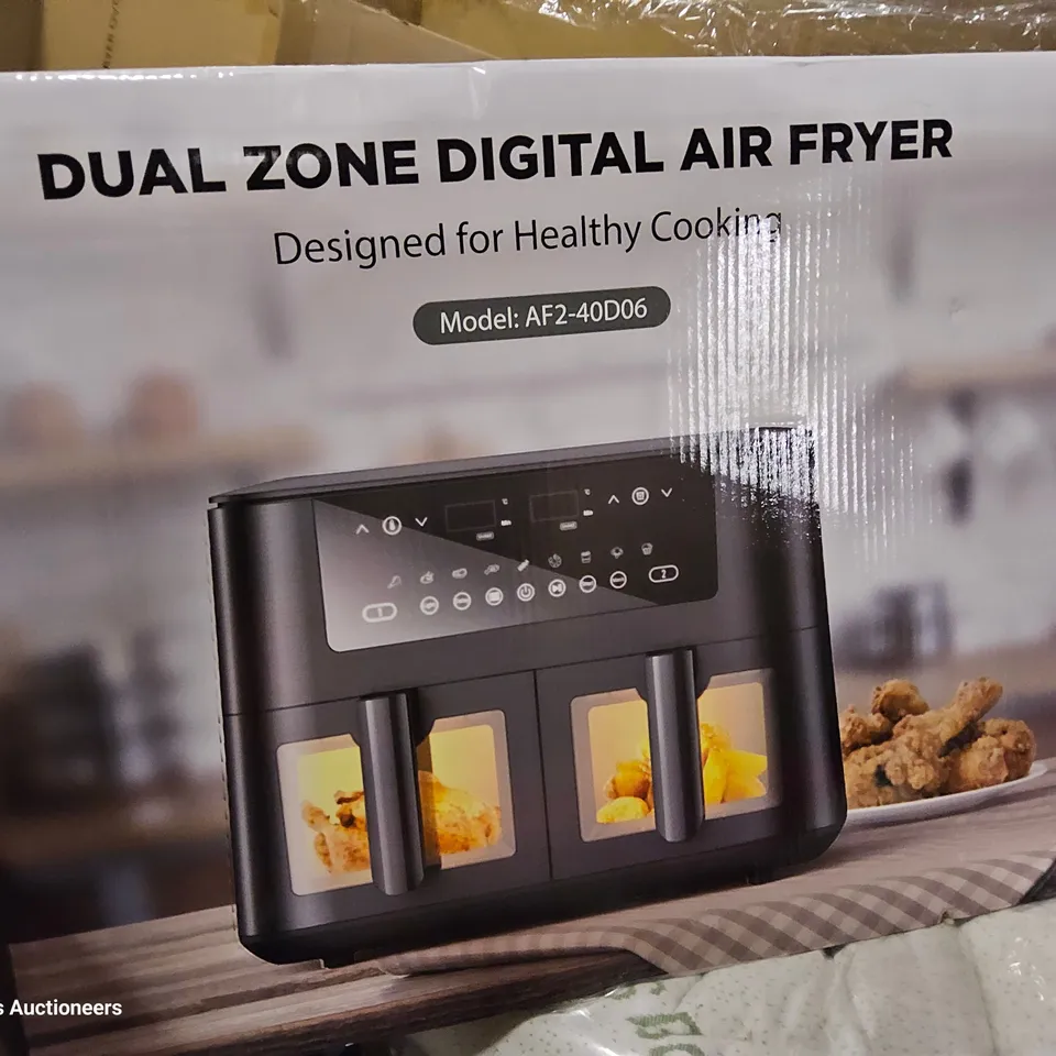 PALLET OF ASSORTED ITEMS TO INCLUDE, DUAL ZONE AIR FRYER, INFLATABLE MATTRESS, TOILET SEAT, CAFE TABLE, BED RAIL GUARD, ROLLER BLINDS.