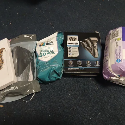 ASSORTED LOT: JEWELLERY NECKLACE IN WHITE BOX, SHIN GUARDS, OCEAN MINERAL SOAP, RECHARGEABLE 3‑IN‑1 SHAVER KIT, ALWAYS DISCREET PADS