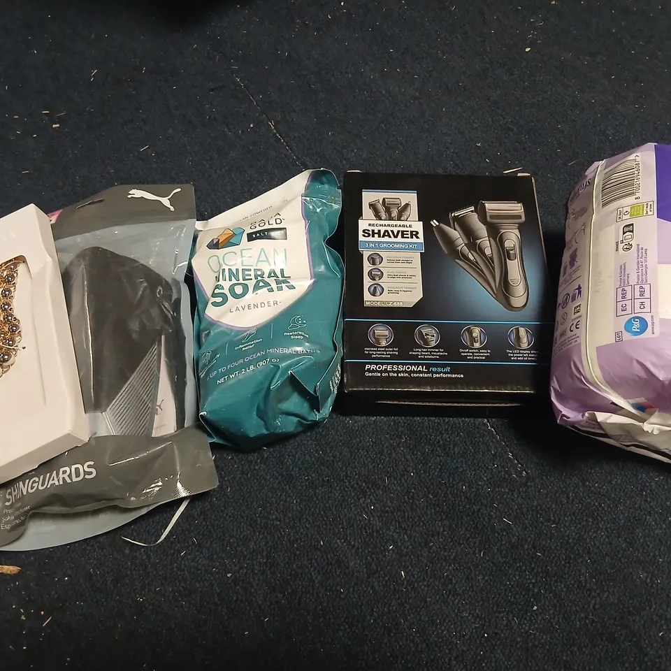 ASSORTED LOT: JEWELLERY NECKLACE IN WHITE BOX, SHIN GUARDS, OCEAN MINERAL SOAP, RECHARGEABLE 3‑IN‑1 SHAVER KIT, ALWAYS DISCREET PADS