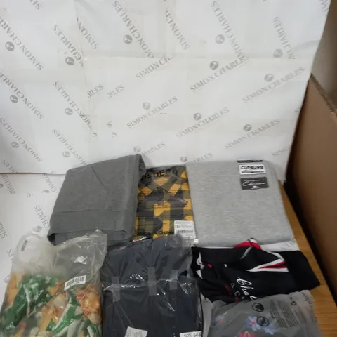 LARGE BOX OF ASSORTED CLOTHING ITEMS IN VARIOUS COLOURS AND SIZES INCLUDING TROUSERS , TOPS AND JUMPERS