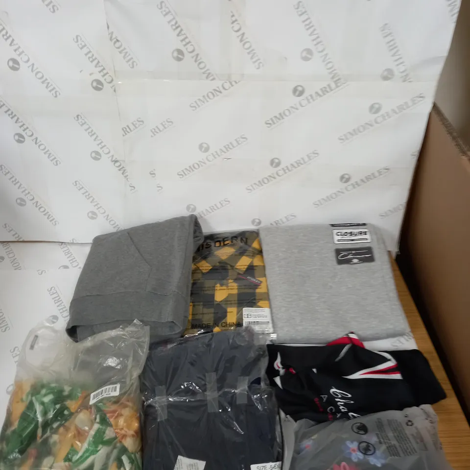 LARGE BOX OF ASSORTED CLOTHING ITEMS IN VARIOUS COLOURS AND SIZES INCLUDING TROUSERS , TOPS AND JUMPERS 