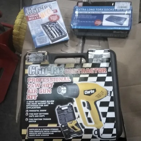 BOX OF ASSORTED TOOLS AND SUPPLIES TO INCLUDE;CLARKE HOT AIR GUN,TORX BIT SET,THREAD REPAIR KIT,ETC