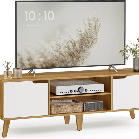 BOXED VASAGLE TV STAND UNIT, ENTERTAINMENT CENTER WITH ADJUSTABLE SHELF - OAK/WHITE