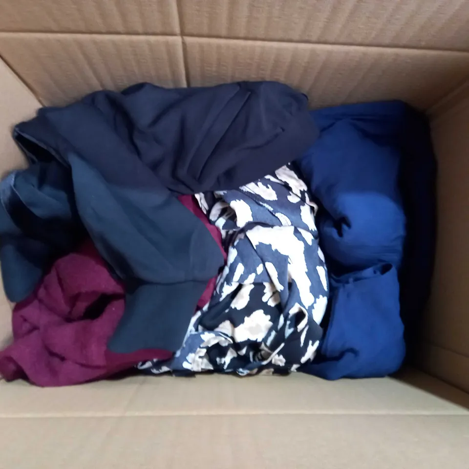 BOX OF APPROXIMATELY 10 ASSORTED ITEMS OF CLOTHING IN VARIOUS STYLES AND SIZES TO INCLUDE MONSOON, RUTH LANGSFORD, ETC