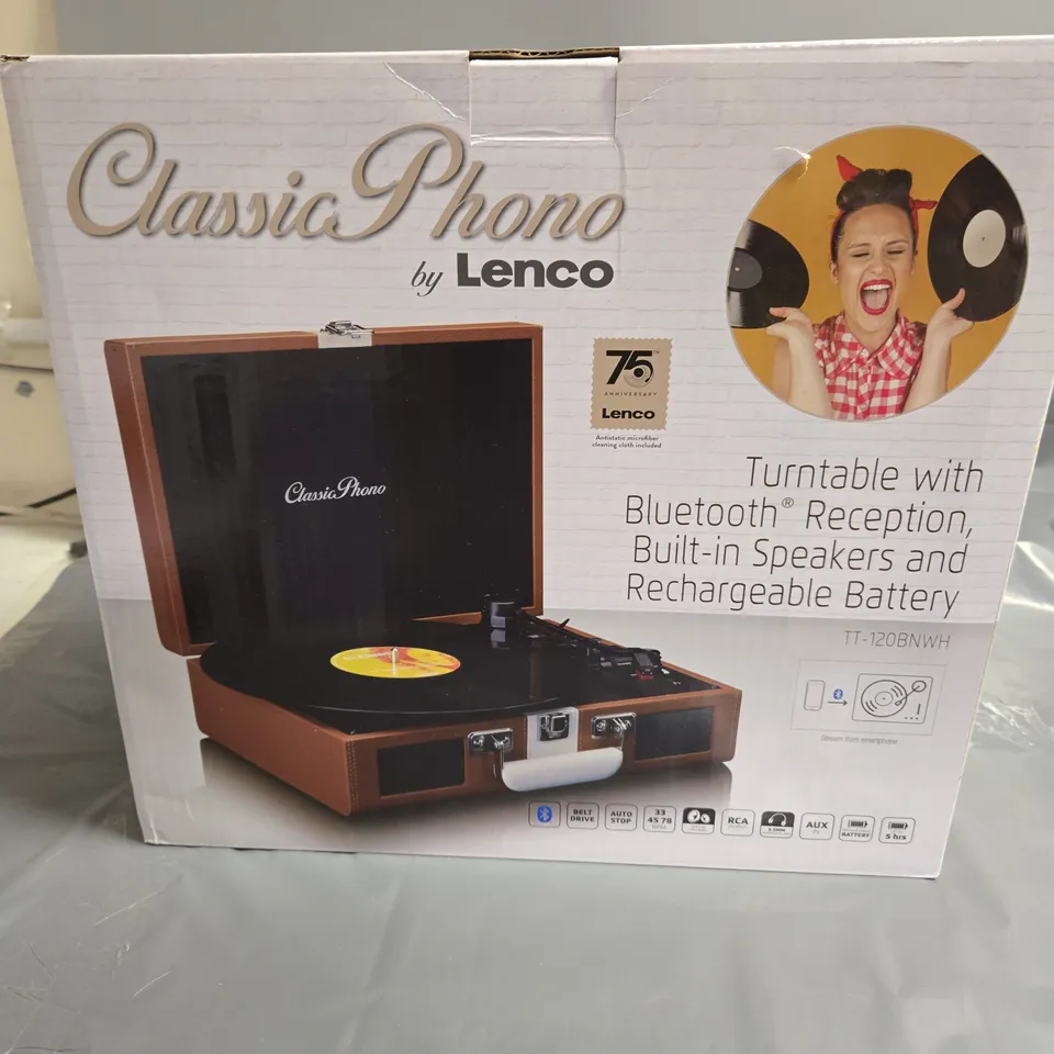 LENCO CLASSIC PHONO TURNTABLE WITH BLUETOOTH RECEPTION, BUILT-IN SPEAKERS AND RECHARGEABLE BATTERY