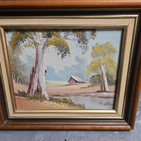 FRAMED LANDSCAPE PAINTING WITH TREES AND CABIN H.ARTMAN