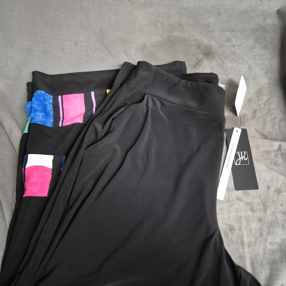 JOSEPH RIBKOFF WOMEN'S BLACK TUNIC TOP AND TROUSERS WITH MULTICOLOUR SIDE PANELS - SIZE 14
