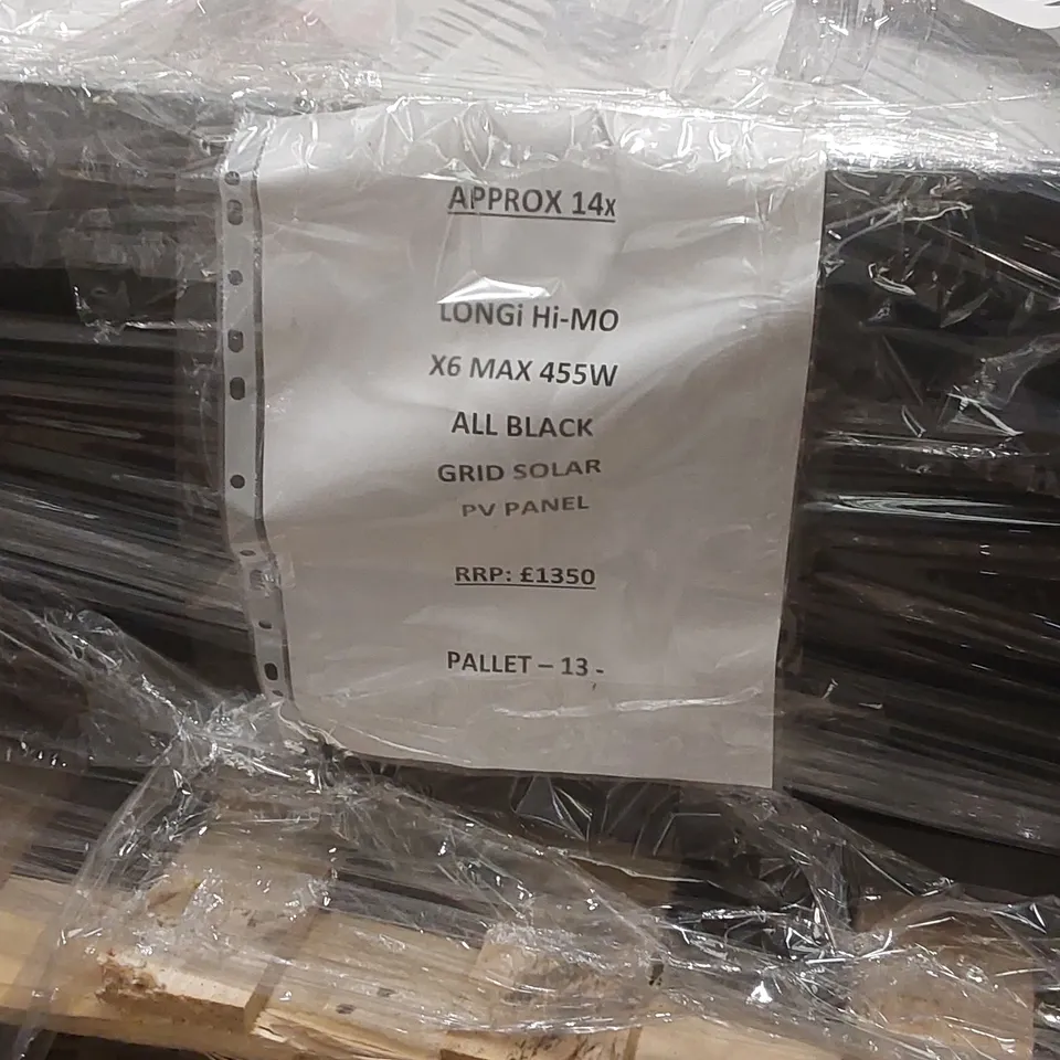 PALLET CONTAINING APPROXIMATELY 14x LONGI HI-MO X6 MAX 455W ALL BLACK GRID SOLAR PV PANEL