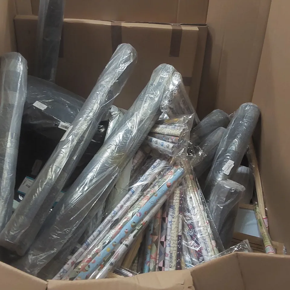 PALLET OF ASSORTED ITEMS INCLUDING: WRAPPING PAPER SETS, ELECTRIC BUG SWATTERS, PVC PRIVACY FENCE, RUGS, GARDENING SHEER ECT