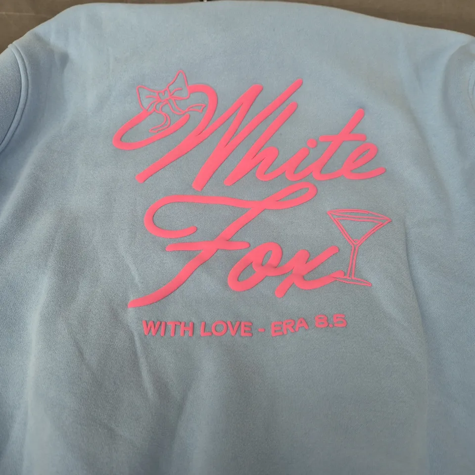 WHITE FOX HOODIE – LIGHT BLUE WITH PINK BACK GRAPHIC SIZE L