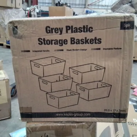 BOXED SET OF 5 GREY PLASTIC STORAGE BASKETS