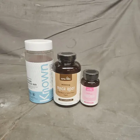 TOTE OF APPROXIMATELY 15 ASSORTED MULTI-VITAMINS AND SUPPLEMENTS TO INCLUDE FOLIC ACID MACA ROOT AND VEGAN OMEGA 369