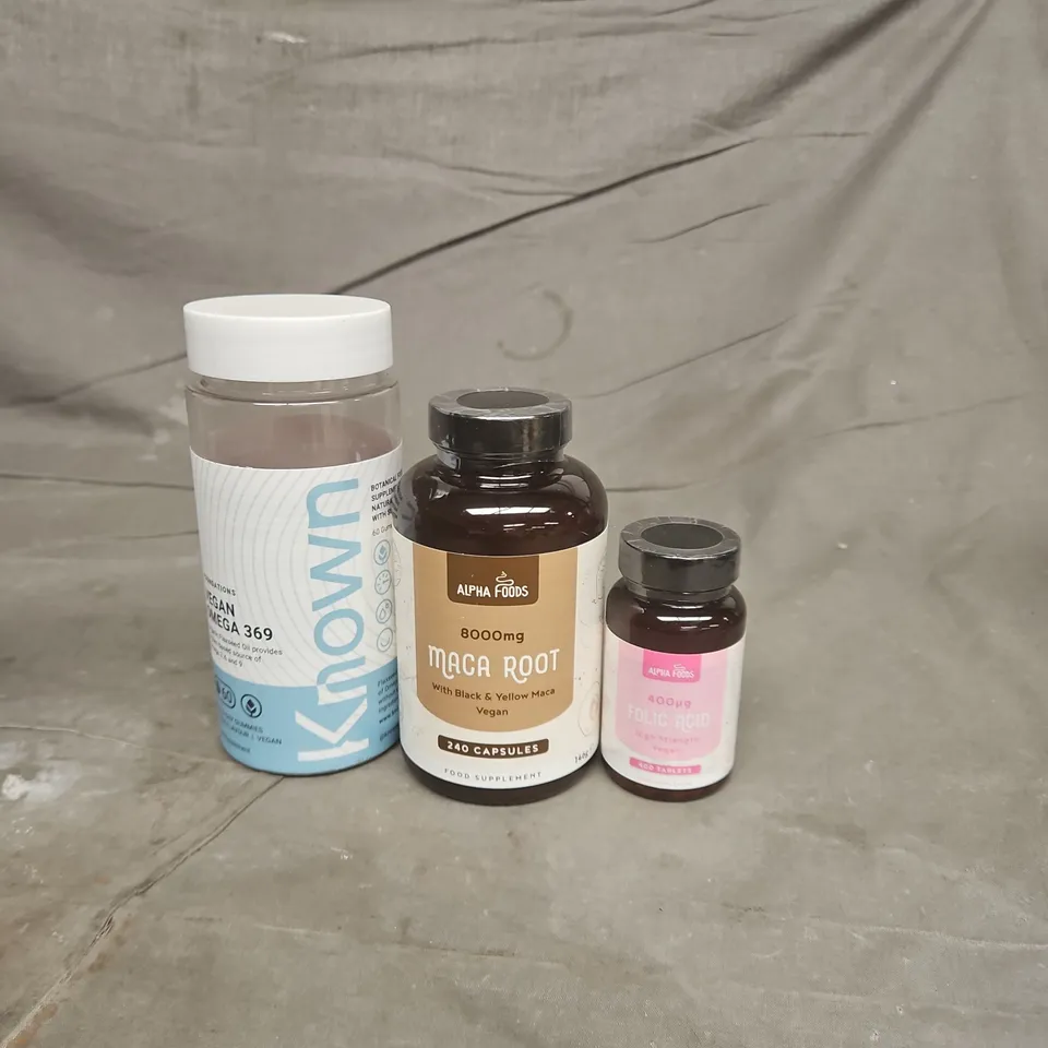 TOTE OF APPROXIMATELY 15 ASSORTED MULTI-VITAMINS AND SUPPLEMENTS TO INCLUDE FOLIC ACID MACA ROOT AND VEGAN OMEGA 369