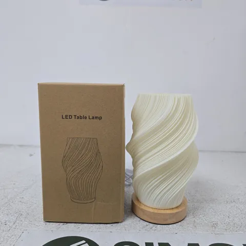 LED TABLE LAMP WITH WHITE SWIRL DESIGN ON WOOD BASE - BOXED