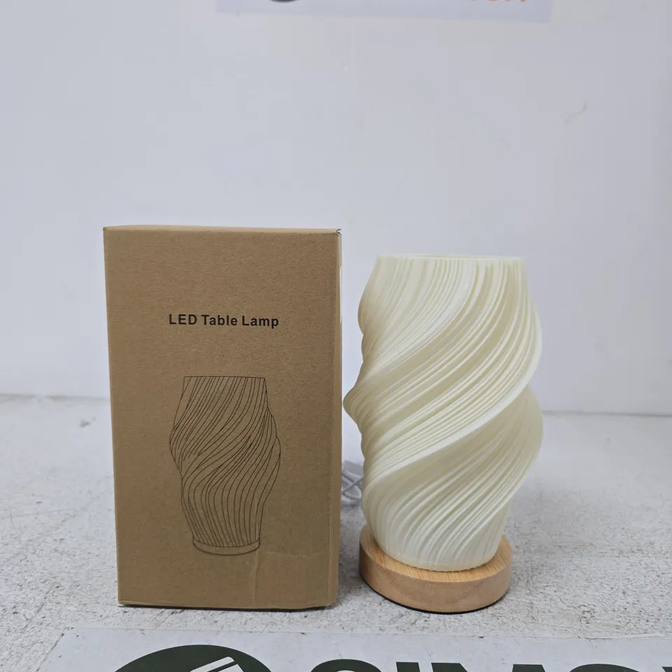 LED TABLE LAMP WITH WHITE SWIRL DESIGN ON WOOD BASE - BOXED