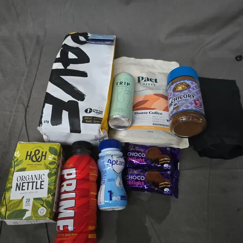 APPROXIMATELY 15 ASSORTED FOOD ITEMS TO INCLUDE APTAMIL FIRST INFANT MILK, RAVE WHOLE BEAN, TRIP CBD INFUSED DRINKS, ETC