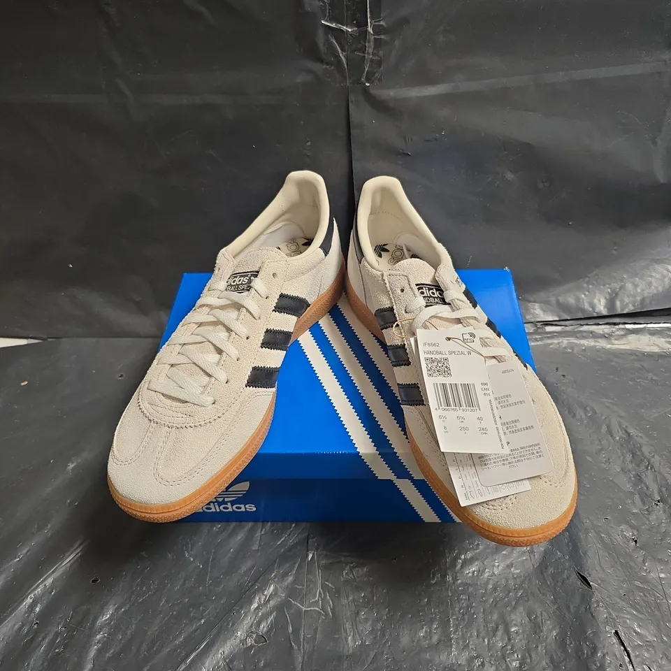 ADIDAS HANDBALL SPEZIAL WOMEN'S SNEAKERS – BEIGE SUEDE WITH BLACK STRIPES, UK 6.5