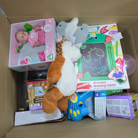 APPROXIMATELY 12 ASSORTED TOYS & GAMES PRODUCTS TO INCLUDE DINOSAUR DRAWING TABLET, MINI BABY CARE SET, FLIP OVER FERRET, ETC - COLLECTION ONLY