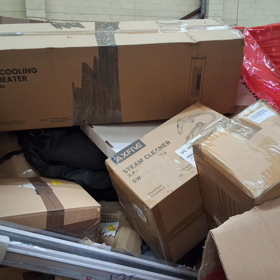 PALLET OF ASSORTED HOUSEHOLD ITEMS AND PRODUCTS TO INCLUDE;AIR COOLER,STEAM CLEANER,CURTAIN ROD